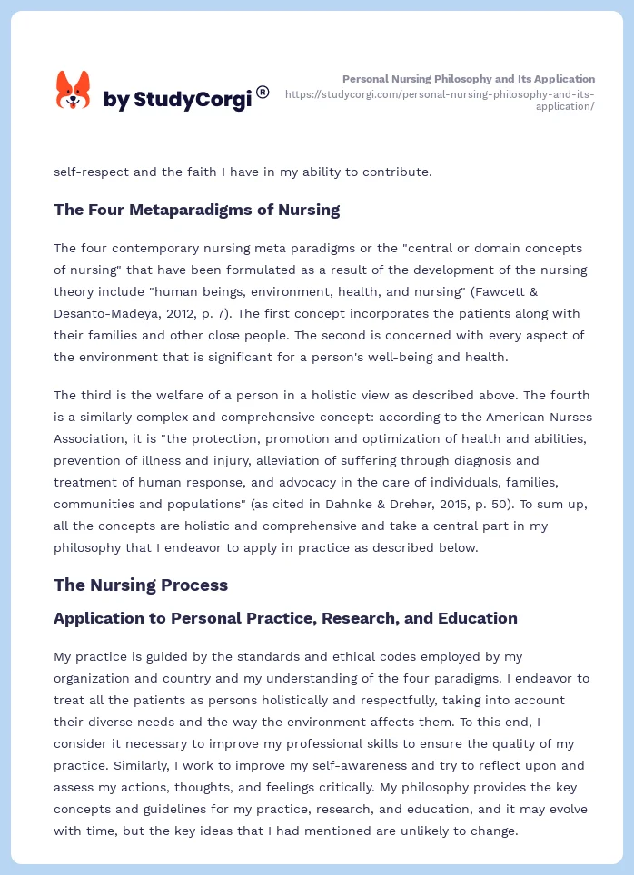 Personal Nursing Philosophy and Its Application. Page 2
