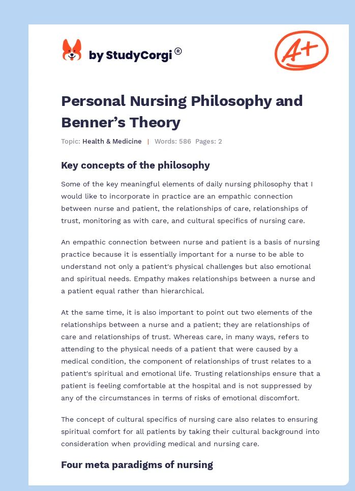 Personal Nursing Philosophy and Benner’s Theory. Page 1