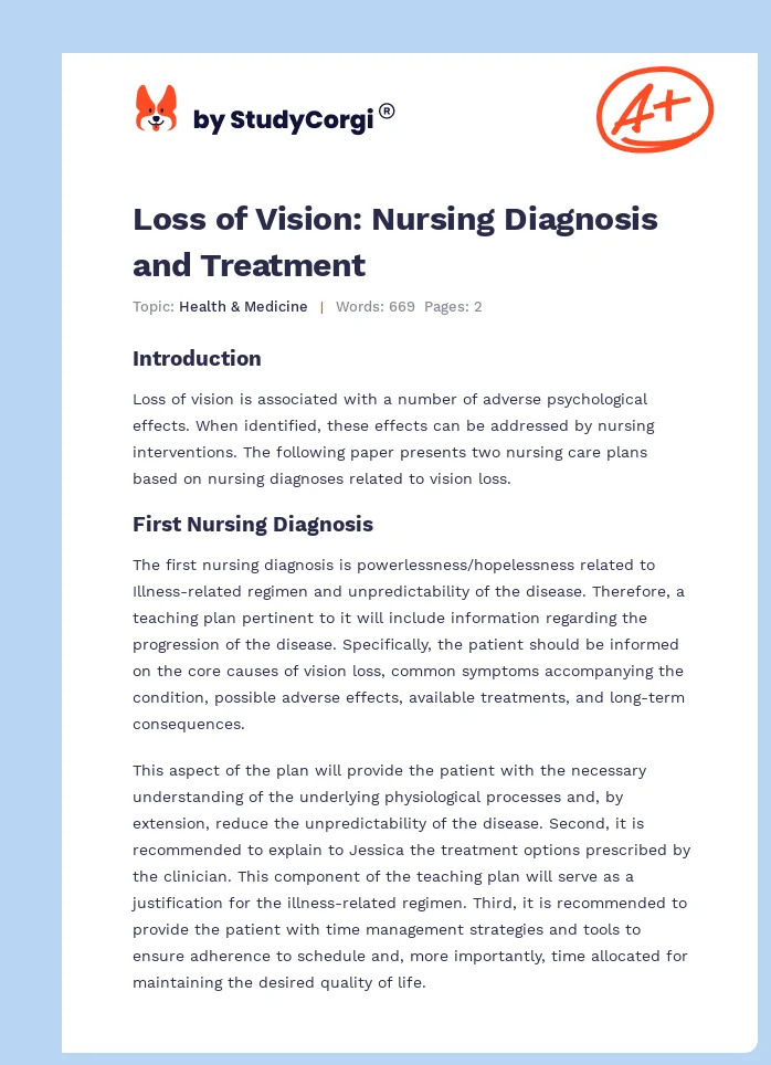Loss of Vision: Nursing Diagnosis and Treatment. Page 1
