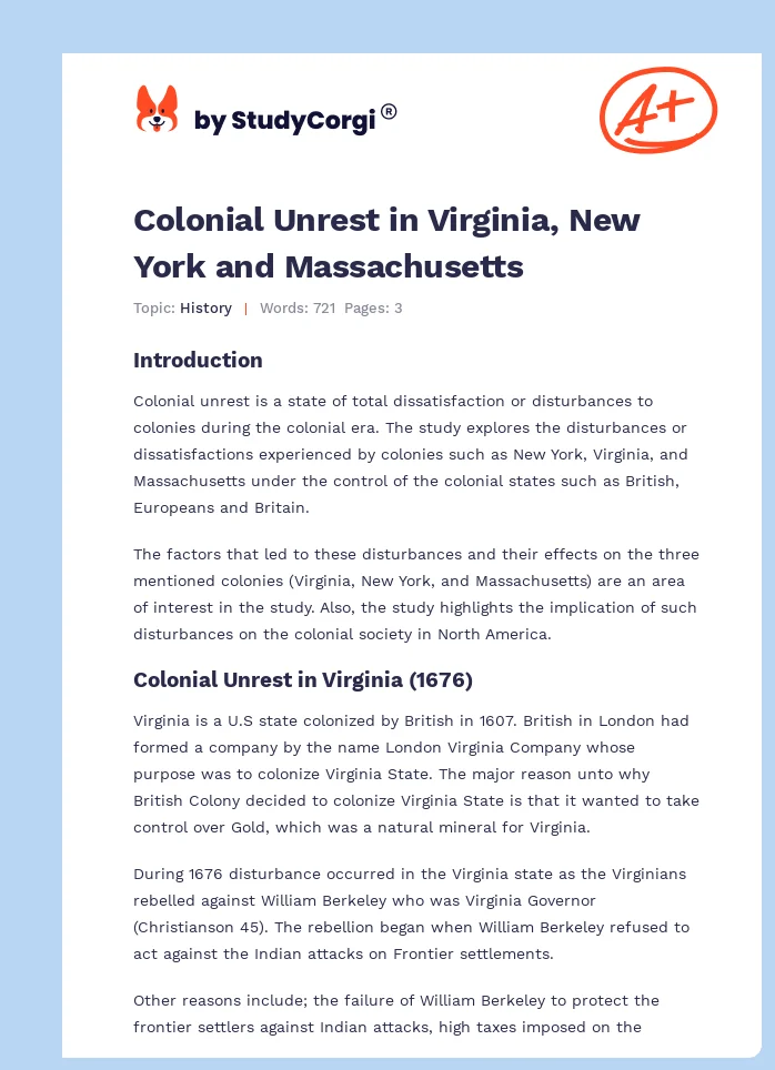 Colonial Unrest in Virginia, New York and Massachusetts. Page 1