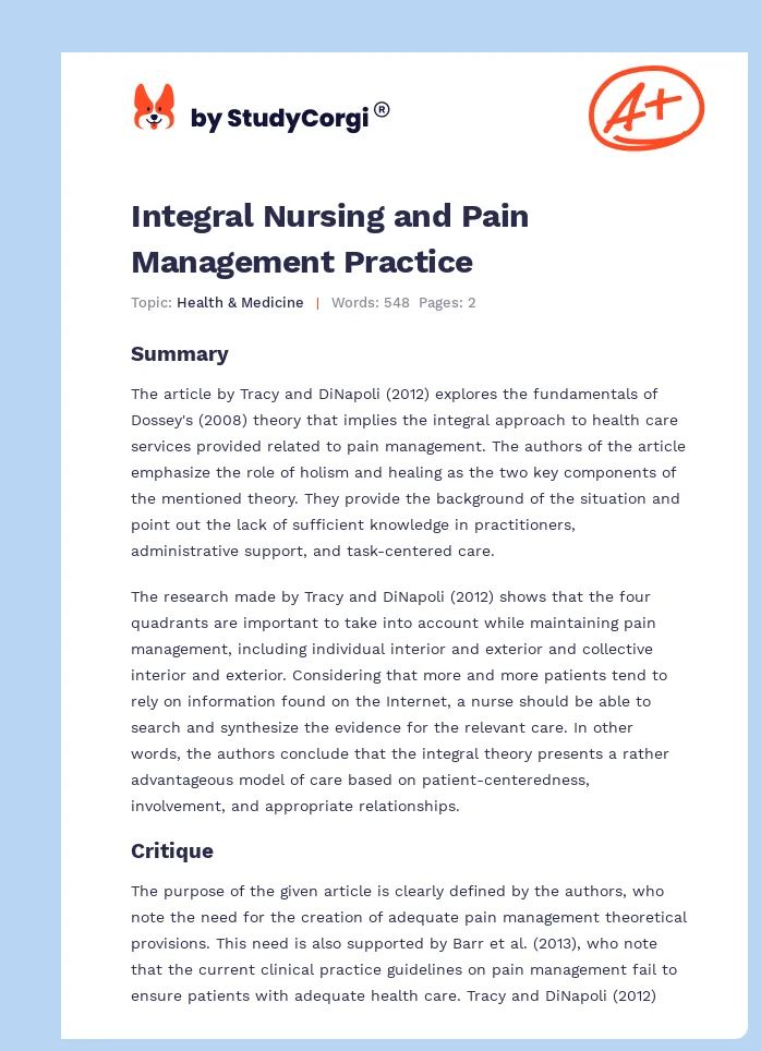 Integral Nursing and Pain Management Practice. Page 1