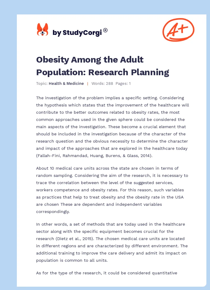 Obesity Among the Adult Population: Research Planning. Page 1