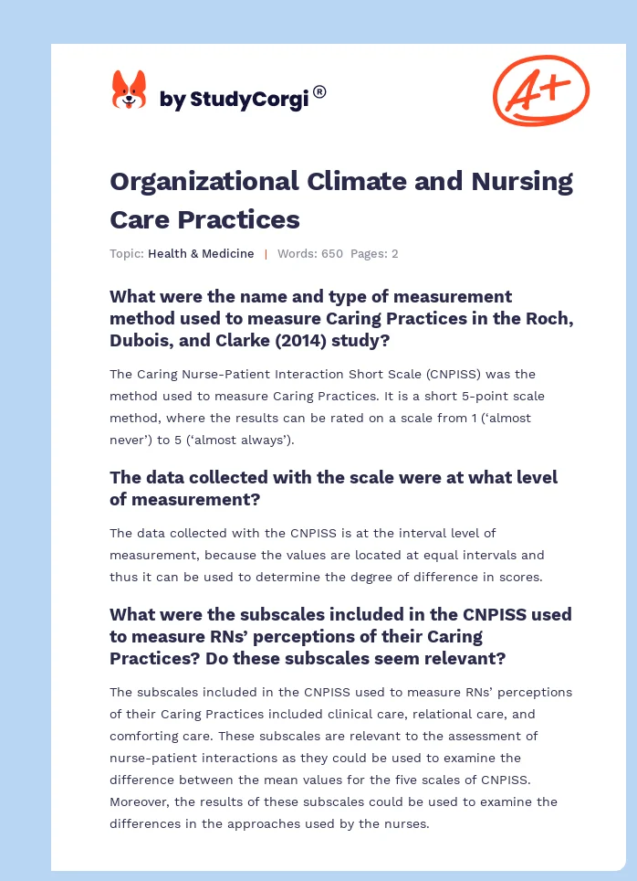 Organizational Climate and Nursing Care Practices. Page 1