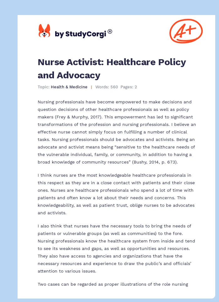 Nurse Activist: Healthcare Policy and Advocacy. Page 1