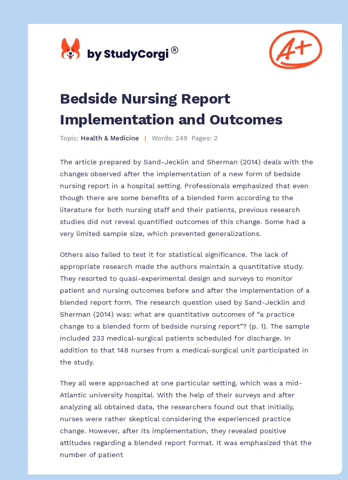 Bedside Nursing Report Implementation and Outcomes. Page 1