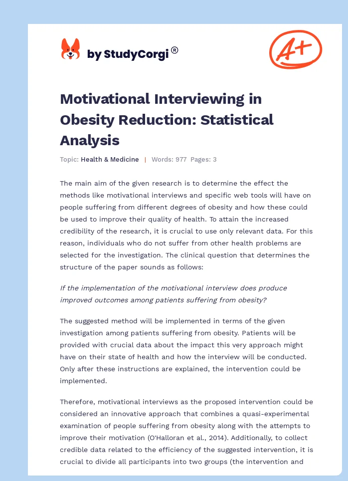Motivational Interviewing in Obesity Reduction: Statistical Analysis. Page 1
