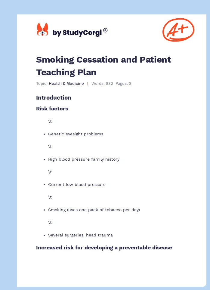 Smoking Cessation and Patient Teaching Plan. Page 1