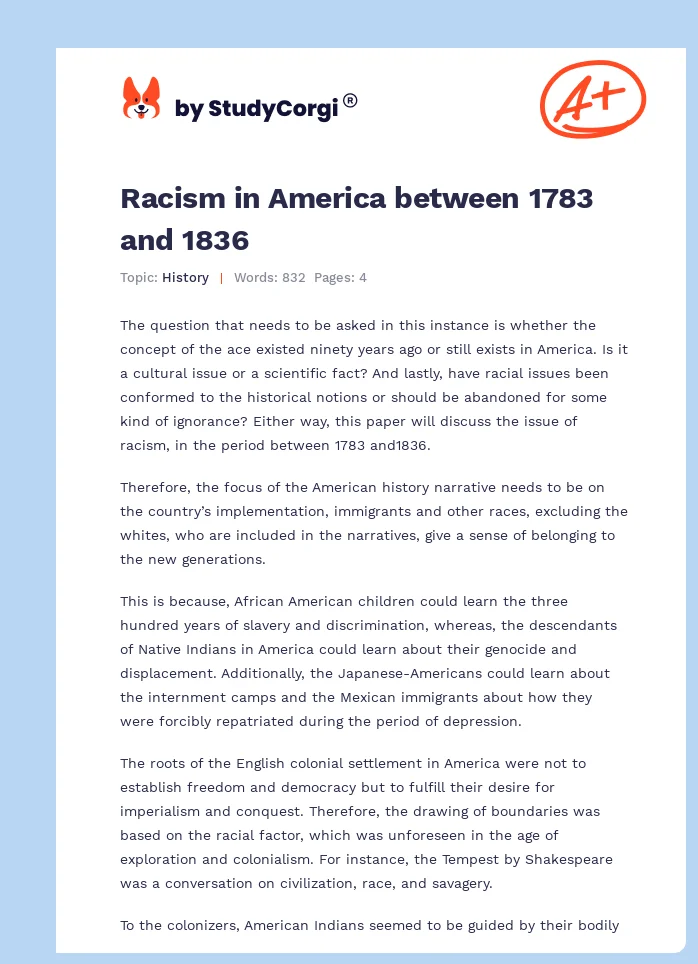 Racism in America between 1783 and 1836. Page 1