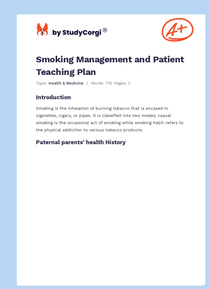 Smoking Management and Patient Teaching Plan. Page 1