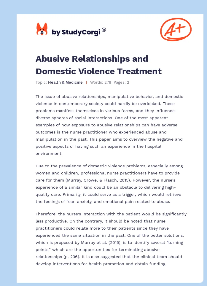 Abusive Relationships and Domestic Violence Treatment. Page 1