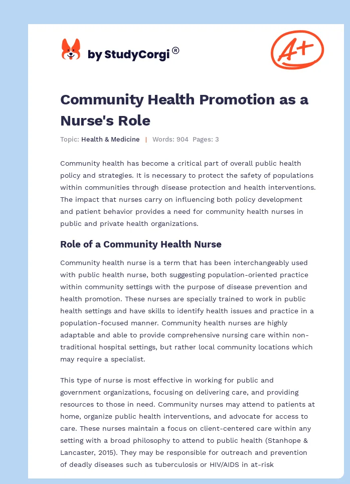 Community Health Promotion as a Nurse's Role. Page 1