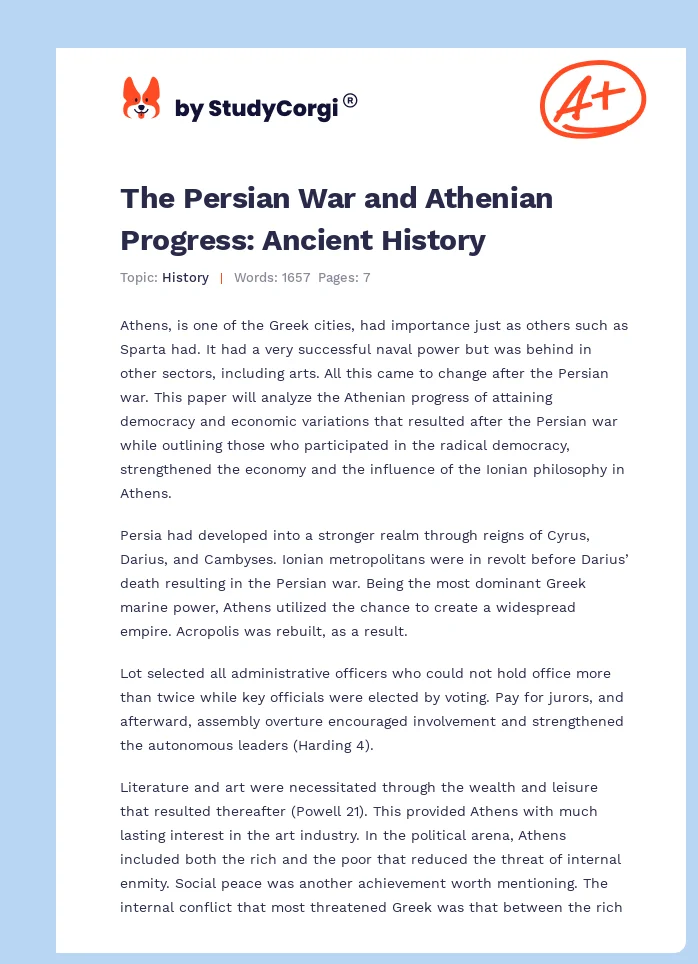 The Persian War and Athenian Progress: Ancient History. Page 1