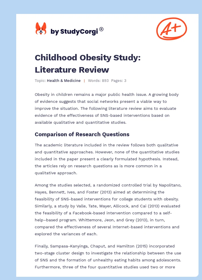 Childhood Obesity Study: Literature Review. Page 1
