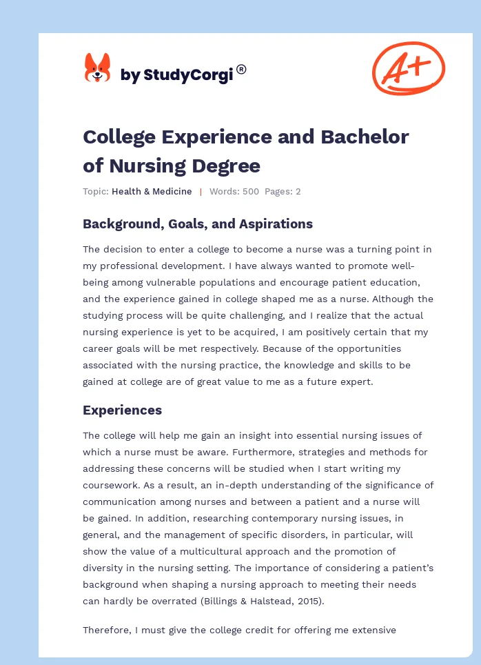 College Experience and Bachelor of Nursing Degree. Page 1
