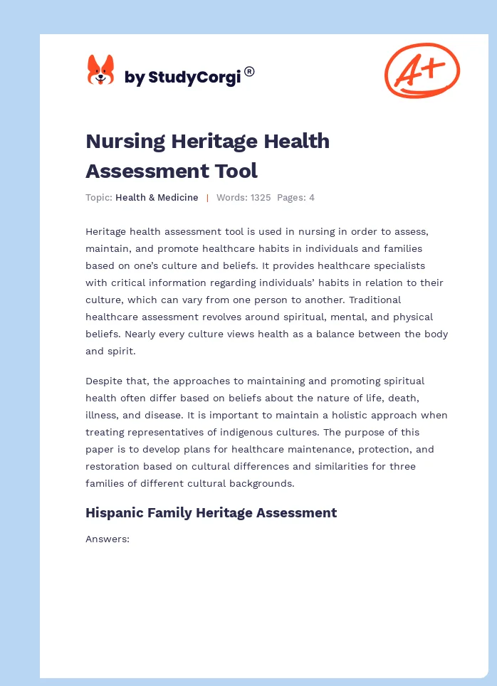 Nursing Heritage Health Assessment Tool. Page 1