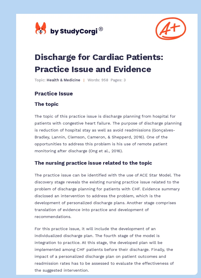 Discharge for Cardiac Patients: Practice Issue and Evidence. Page 1