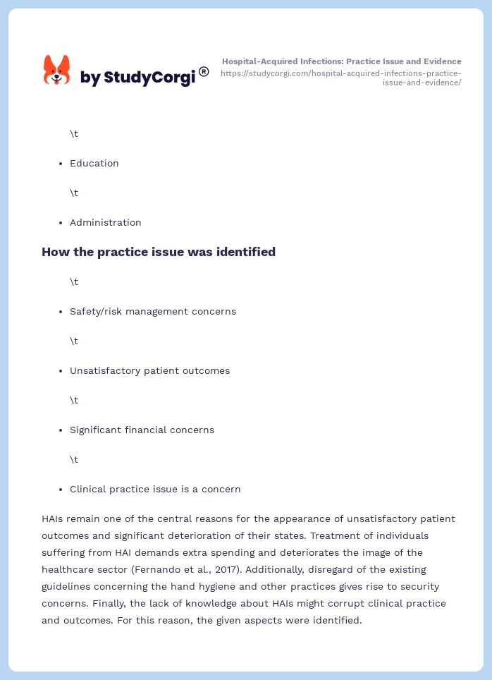 Hospital-Acquired Infections: Practice Issue and Evidence. Page 2
