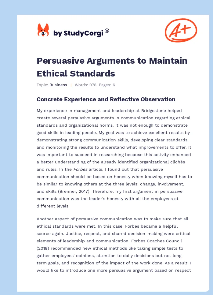 Persuasive Arguments to Maintain Ethical Standards. Page 1