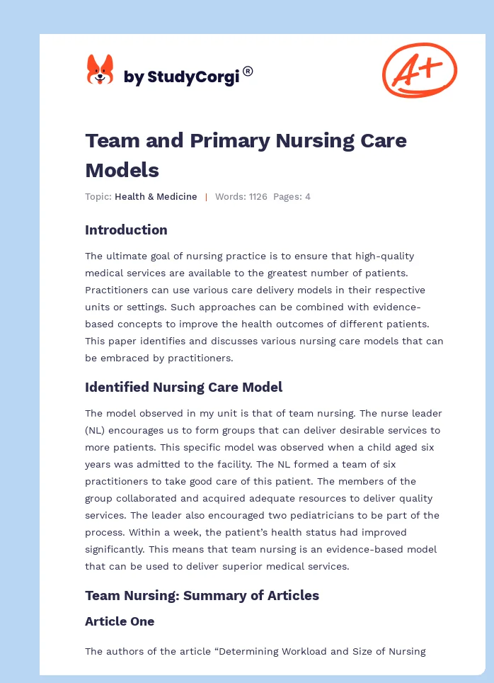 Team and Primary Nursing Care Models. Page 1
