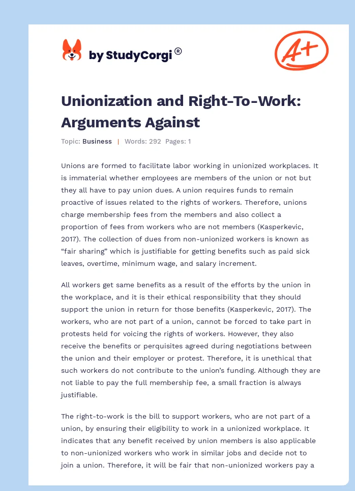 Unionization and Right-To-Work: Arguments Against. Page 1