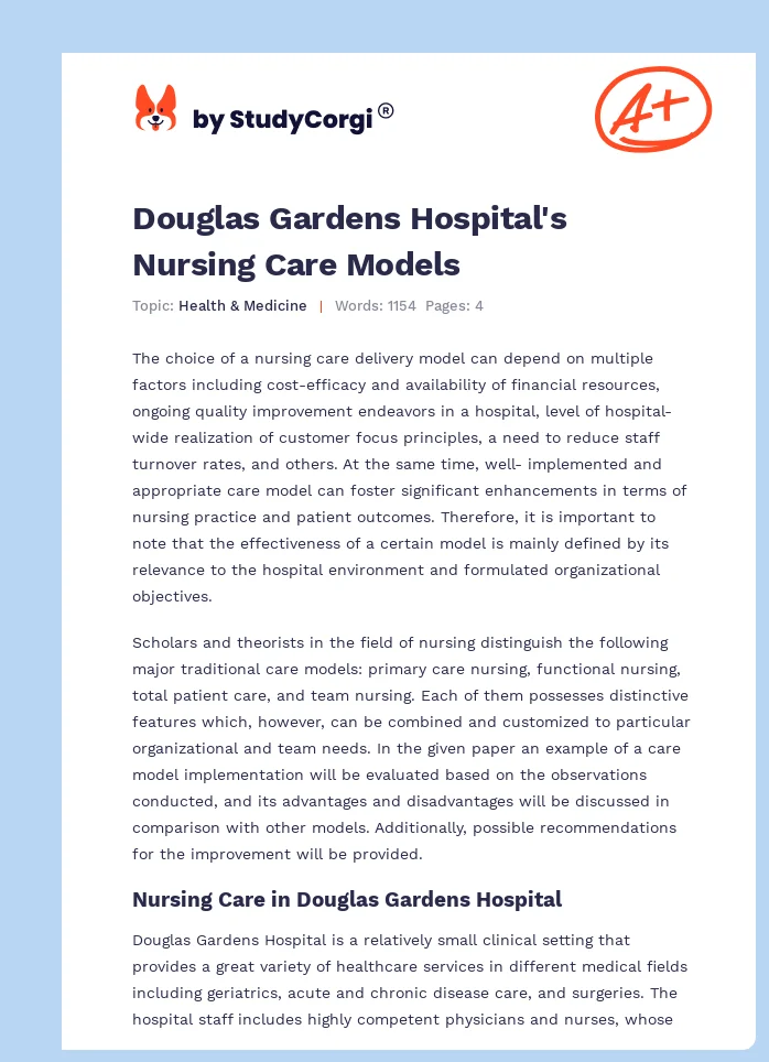 Douglas Gardens Hospital's Nursing Care Models. Page 1