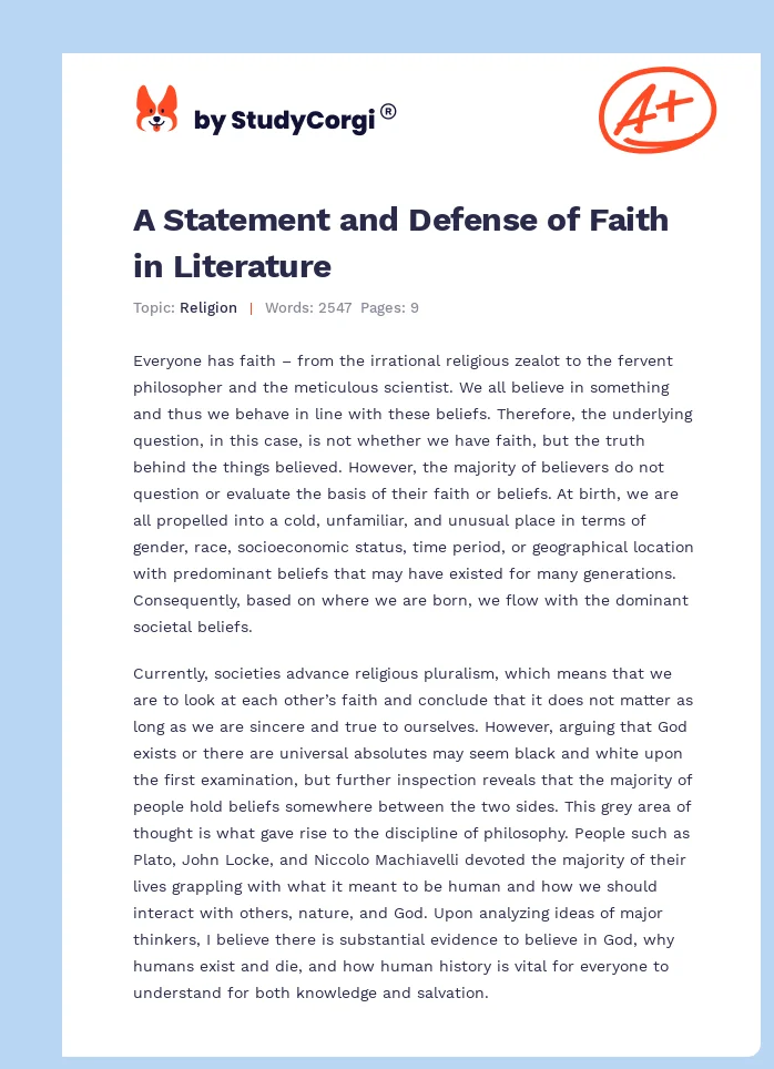 A Statement and Defense of Faith in Literature. Page 1