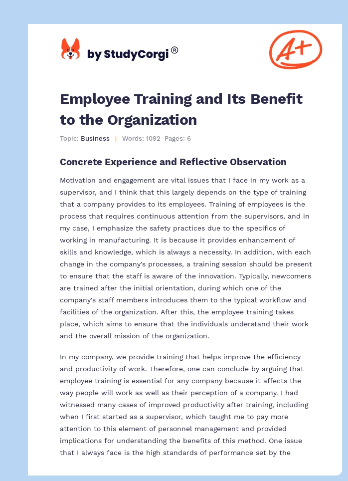 Employee Training and Its Benefit to the Organization. Page 1