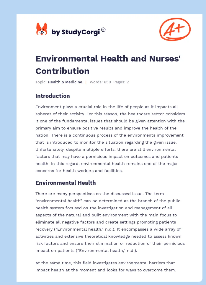 Environmental Health and Nurses' Contribution. Page 1