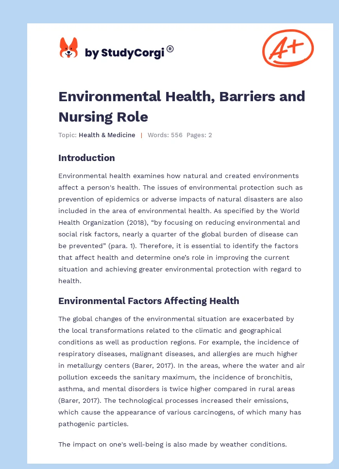 Environmental Health, Barriers and Nursing Role. Page 1