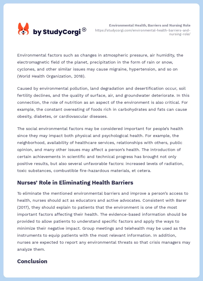 Environmental Health, Barriers and Nursing Role. Page 2