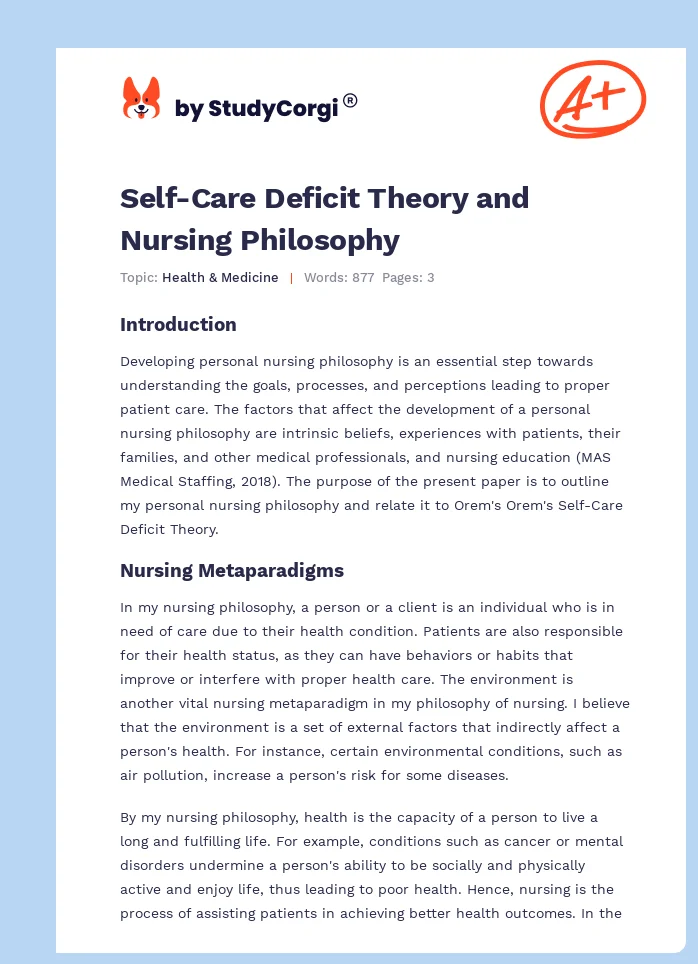 Self-Care Deficit Theory and Nursing Philosophy. Page 1