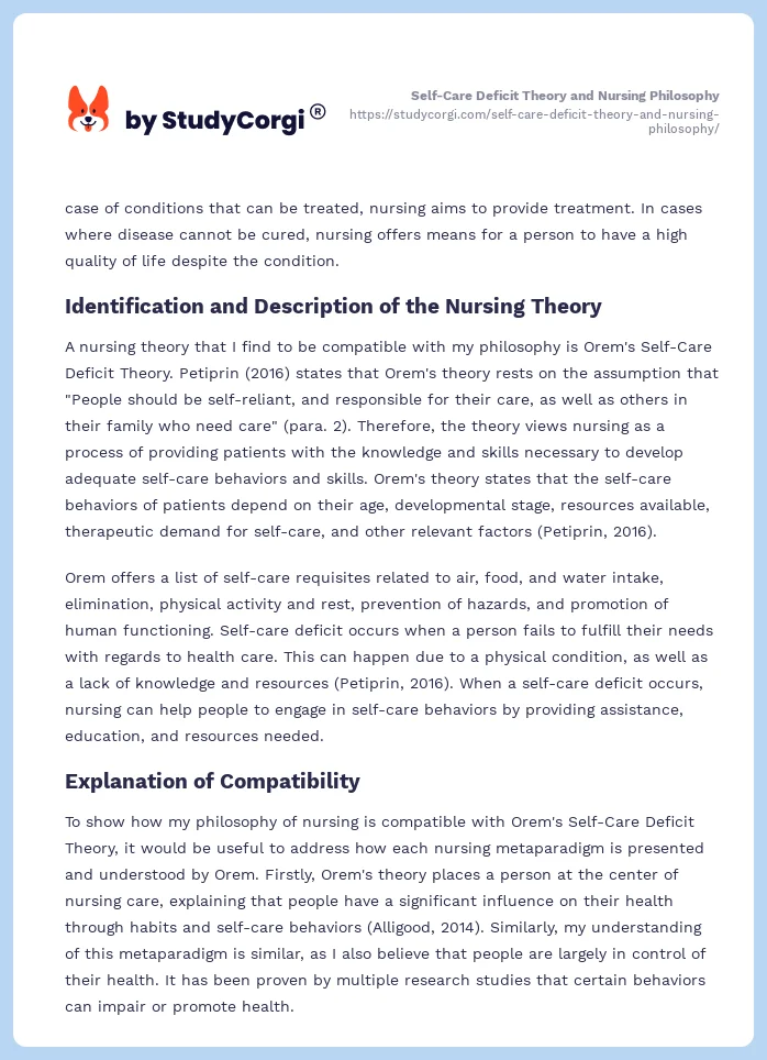 Self-Care Deficit Theory and Nursing Philosophy. Page 2