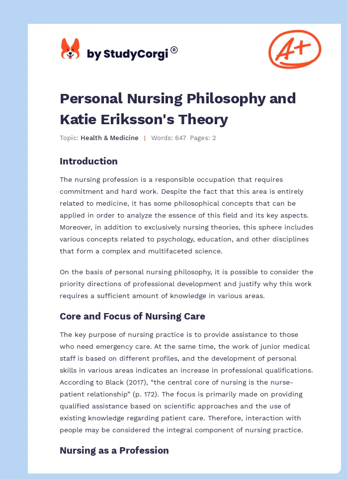 Personal Nursing Philosophy and Katie Eriksson's Theory. Page 1