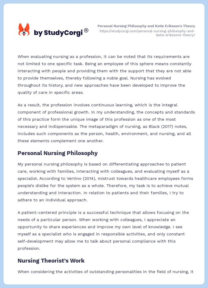 Personal Nursing Philosophy and Katie Eriksson's Theory. Page 2