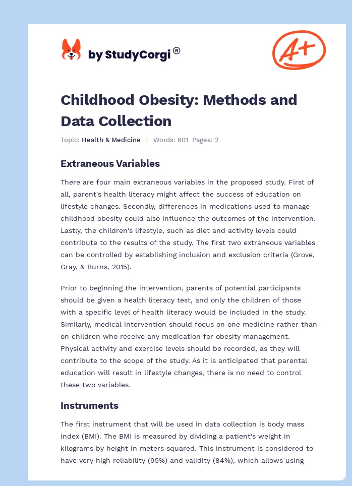 Childhood Obesity: Methods and Data Collection. Page 1