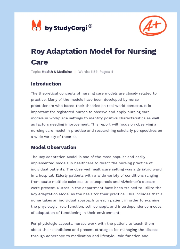 Roy Adaptation Model for Nursing Care. Page 1
