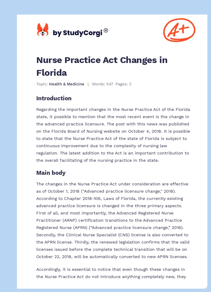 Nurse Practice Act Changes in Florida. Page 1