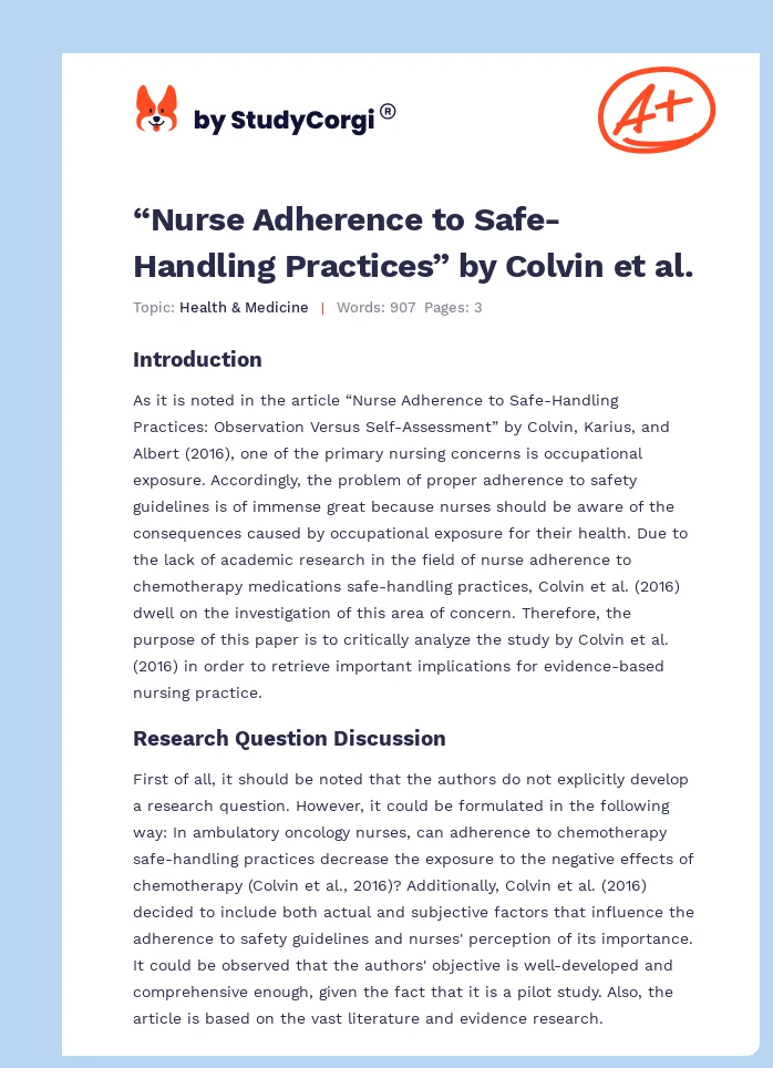 “Nurse Adherence to Safe-Handling Practices” by Colvin et al.. Page 1