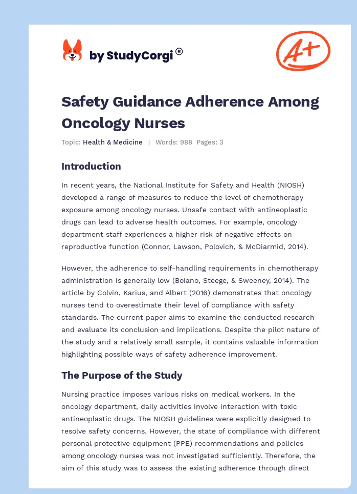 Safety Guidance Adherence Among Oncology Nurses. Page 1