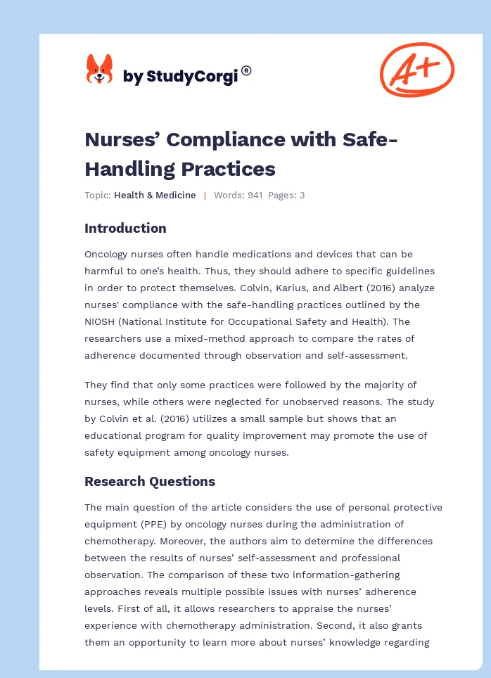 Nurses’ Compliance with Safe-Handling Practices. Page 1