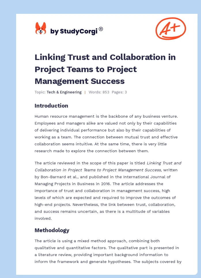 Linking Trust and Collaboration in Project Teams to Project Management Success. Page 1