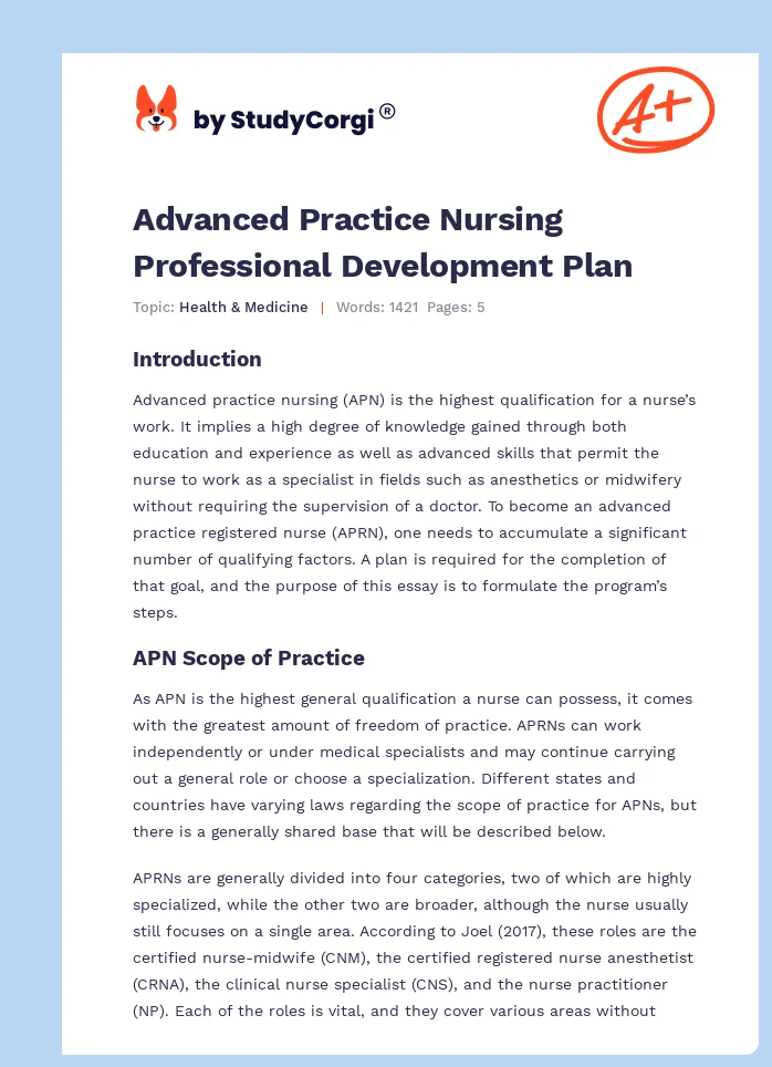 Advanced Practice Nursing Professional Development Plan. Page 1
