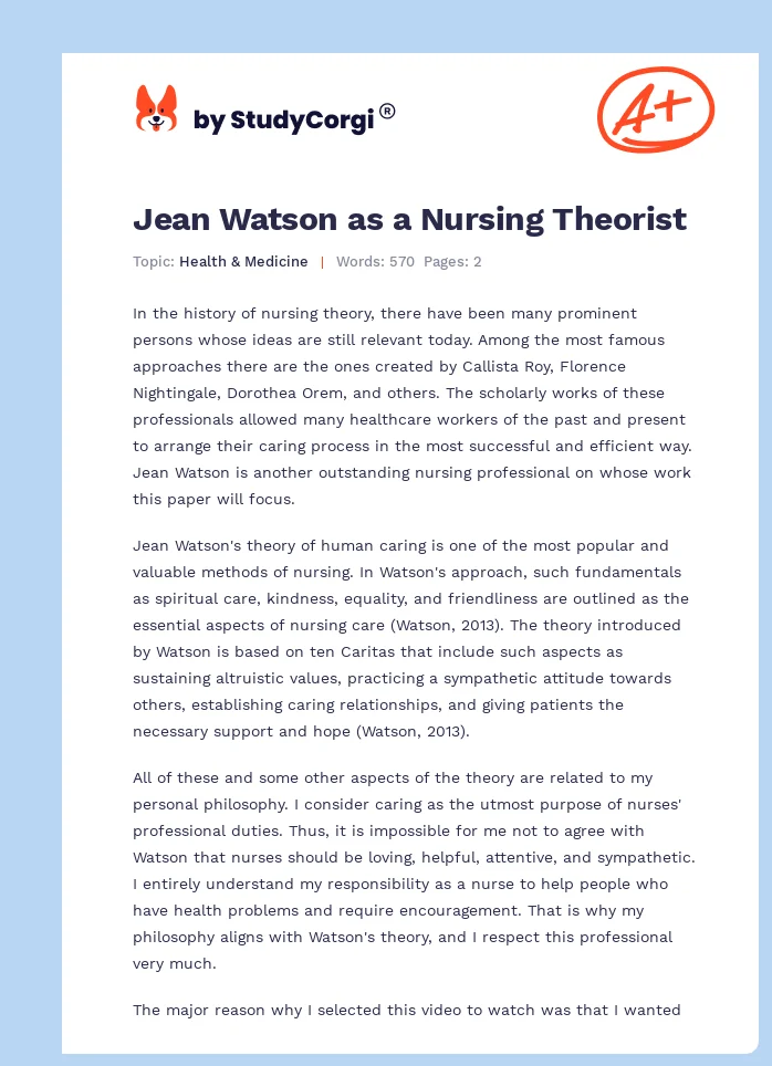 Jean Watson as a Nursing Theorist. Page 1