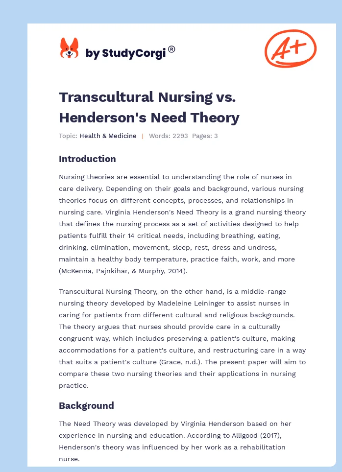 Transcultural Nursing vs. Henderson's Need Theory. Page 1