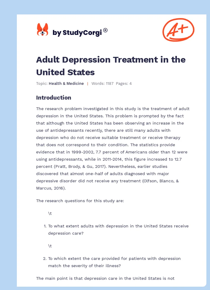 Adult Depression Treatment in the United States. Page 1