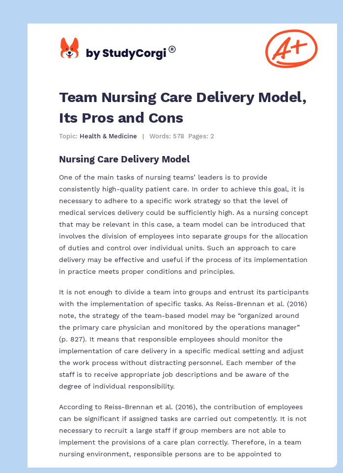 Team Nursing Care Delivery Model, Its Pros and Cons. Page 1