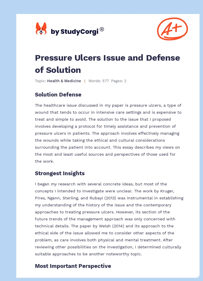 Pressure Ulcers Issue and Defense of Solution. Page 1