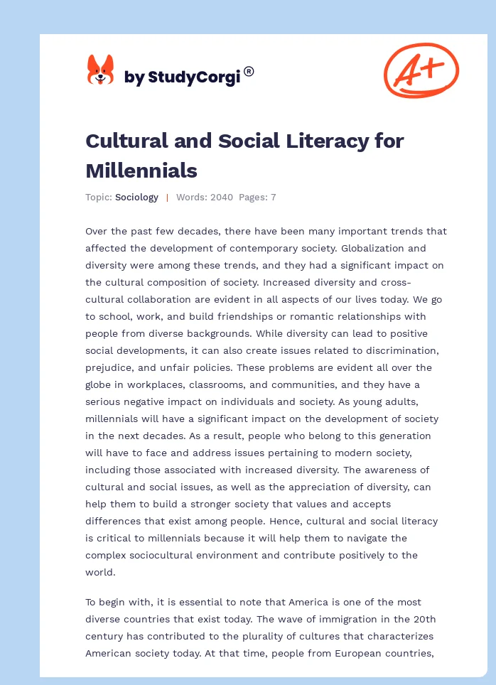 Cultural and Social Literacy for Millennials. Page 1