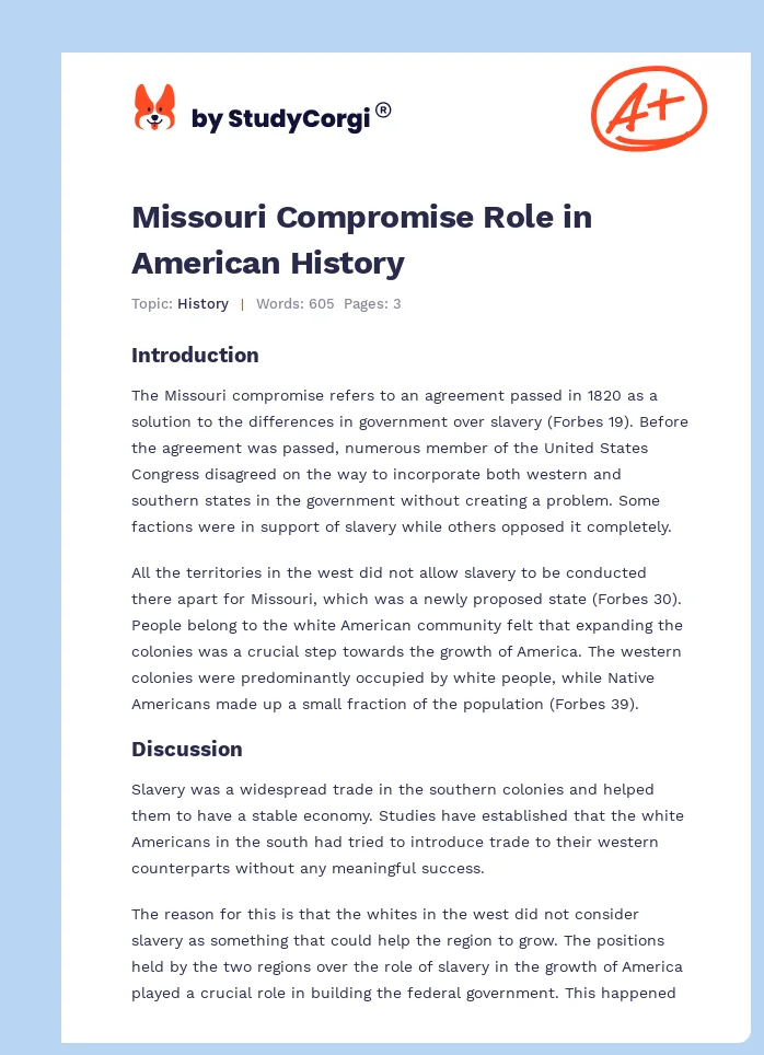 Missouri Compromise Role in American History. Page 1