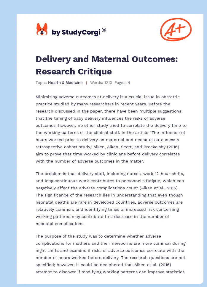 Delivery and Maternal Outcomes: Research Critique. Page 1